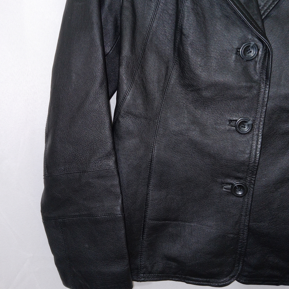 East 5th Leather Blazer Petite Small Moto Black Real Leather  Button Chic Edgy - Picture 2 of 14